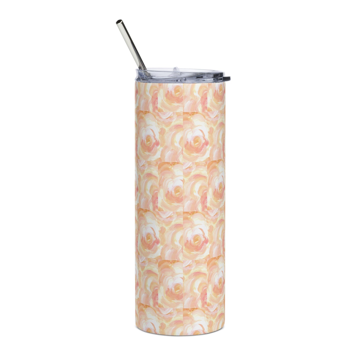 Orange floral design hand-drawn art stainless stell tumbler back view, by Briseis Gifts