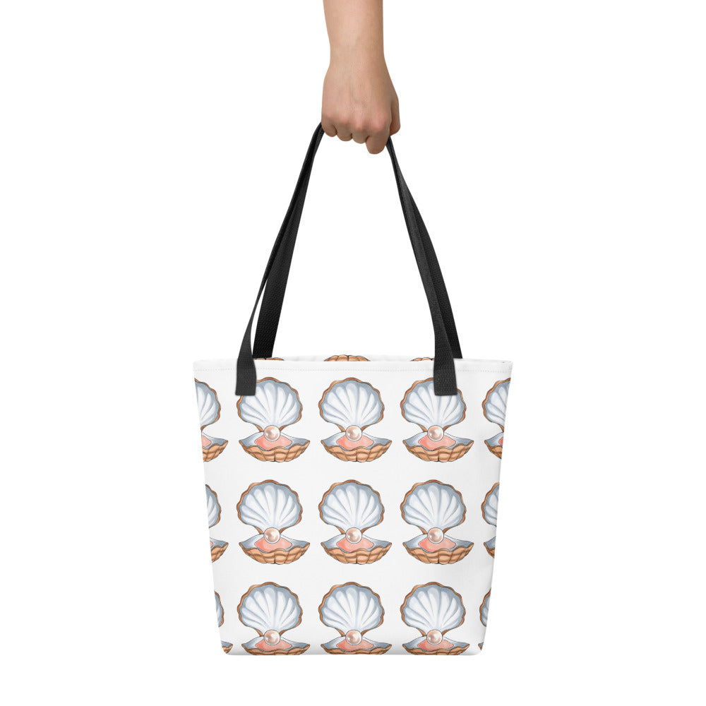Oyster shell and pearl design hand-drawn art white lifestyle bag carried view, by Briseis Gifts