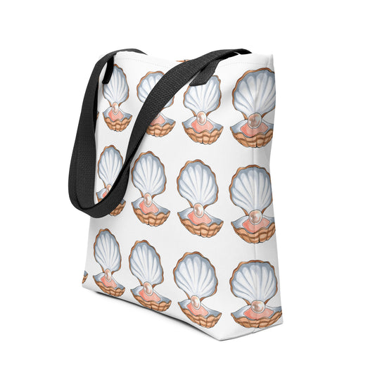Oyster shell and pearl design hand-drawn art white lifestyle bag side view, by Briseis Gifts