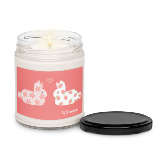 Passionfruit soy jar candle with lid, hand-drawn love bunnies, by Briseis Gifts