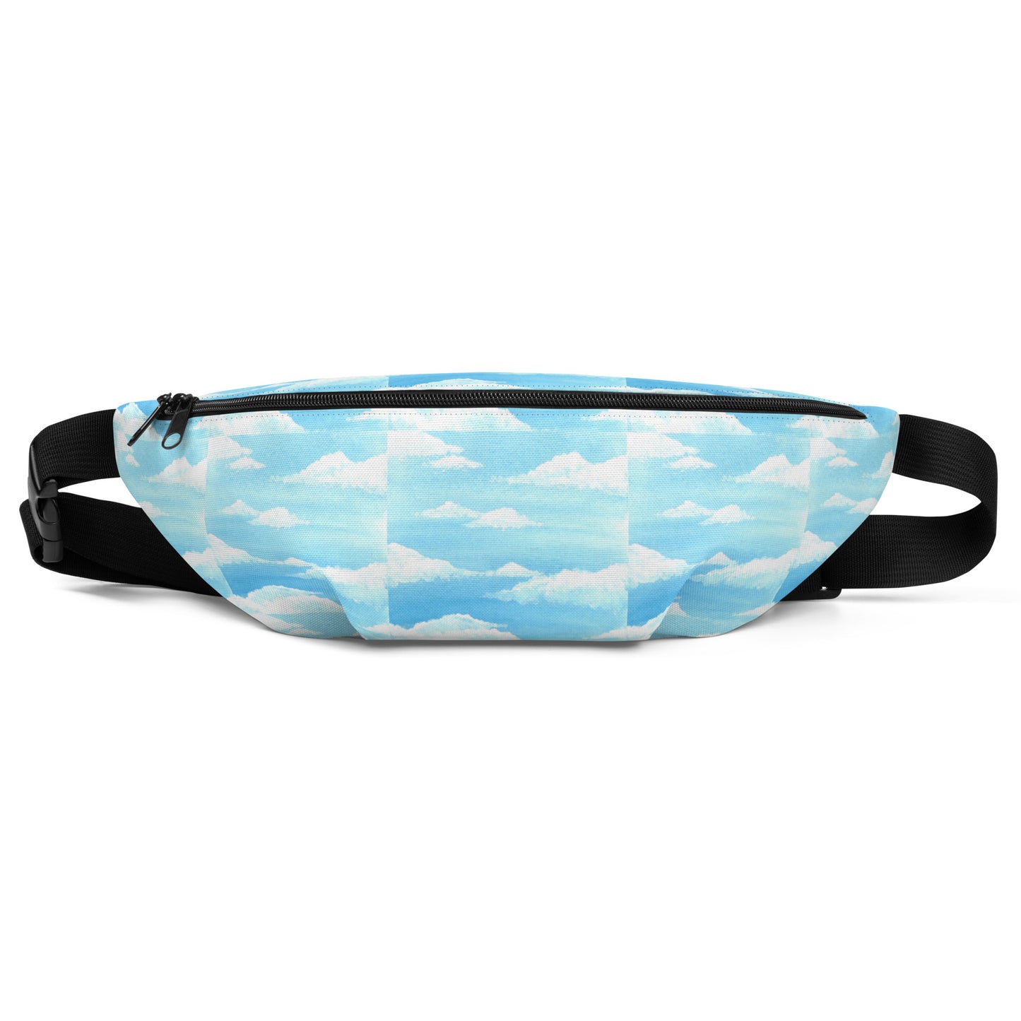 Sky and clouds design hand-drawn art blue fanny pack front view, by Briseis Gifts