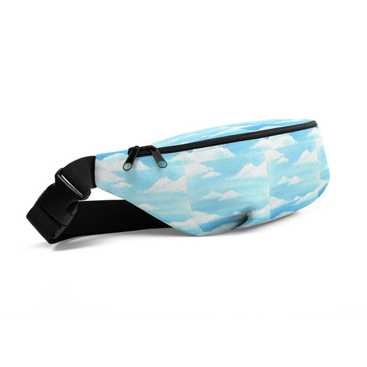 Sky and clouds design hand-drawn art blue fanny pack side view, by Briseis Gifts