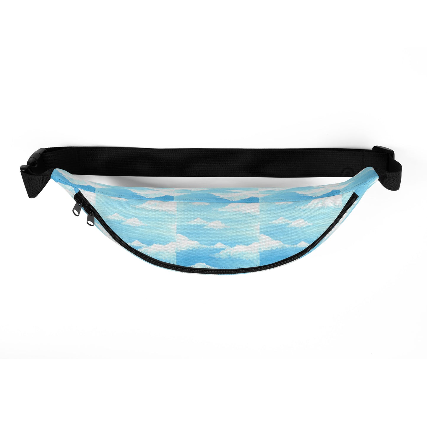 Sky and clouds design hand-drawn art blue fanny pack top view, by Briseis Gifts