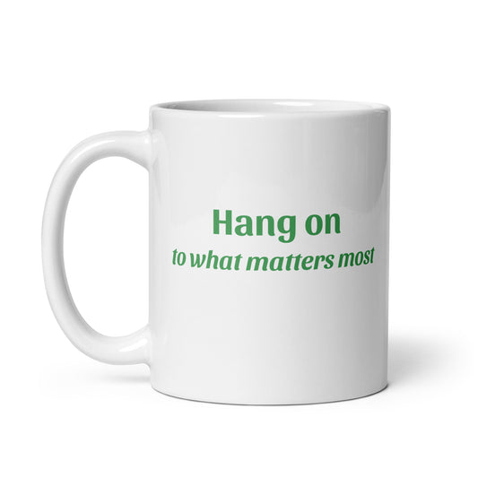 Sloth hang hand-drawn art white ceramic mug, statement side, by Briseis Gifts