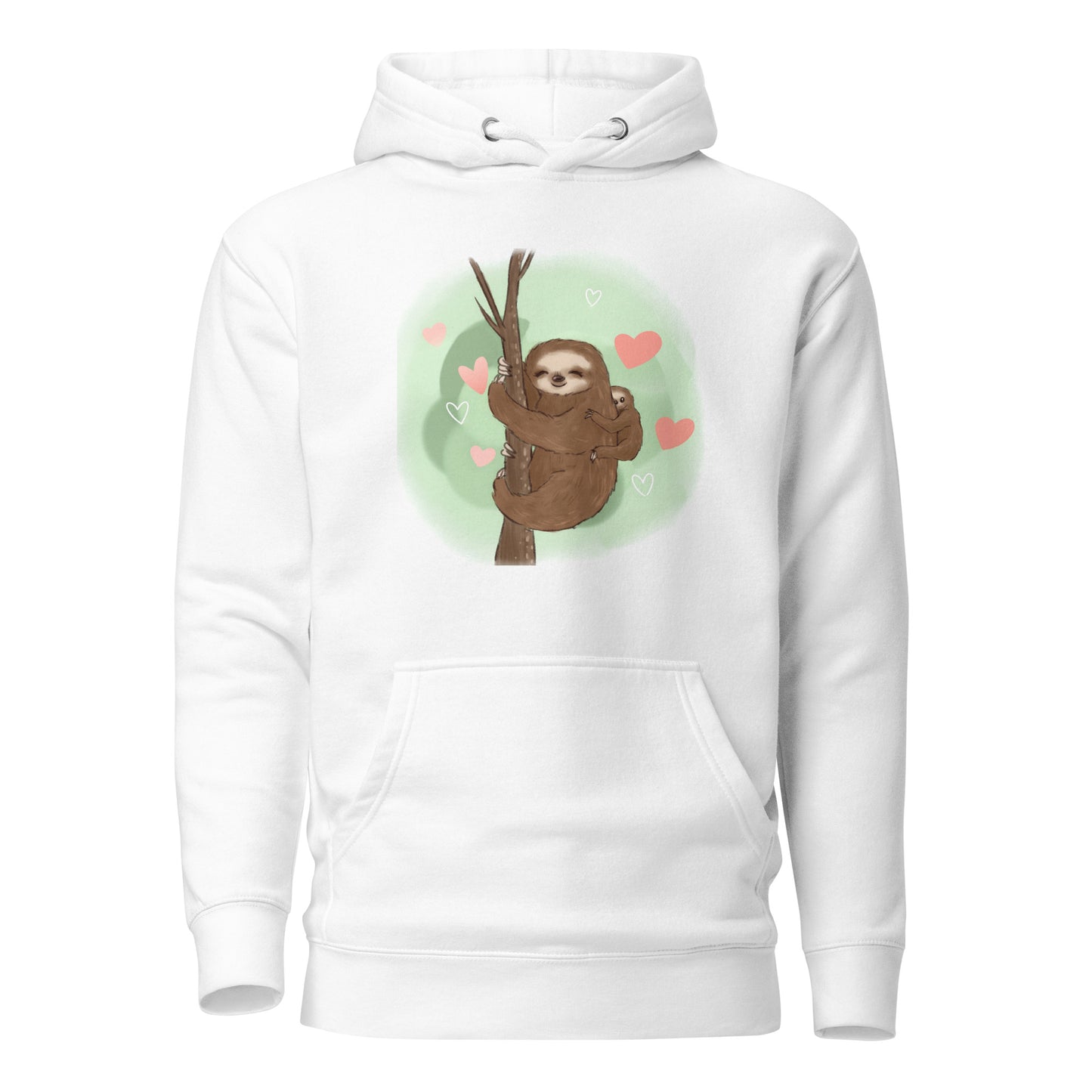 Sloth mama and baby hand-drawn art white hoodie front view