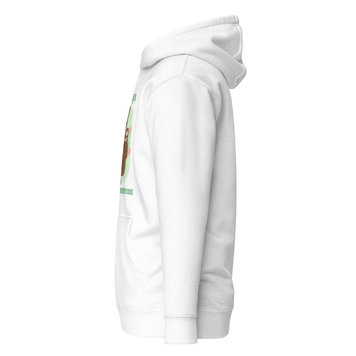 Sloth mama and baby hand-drawn art statement white hoodie left view