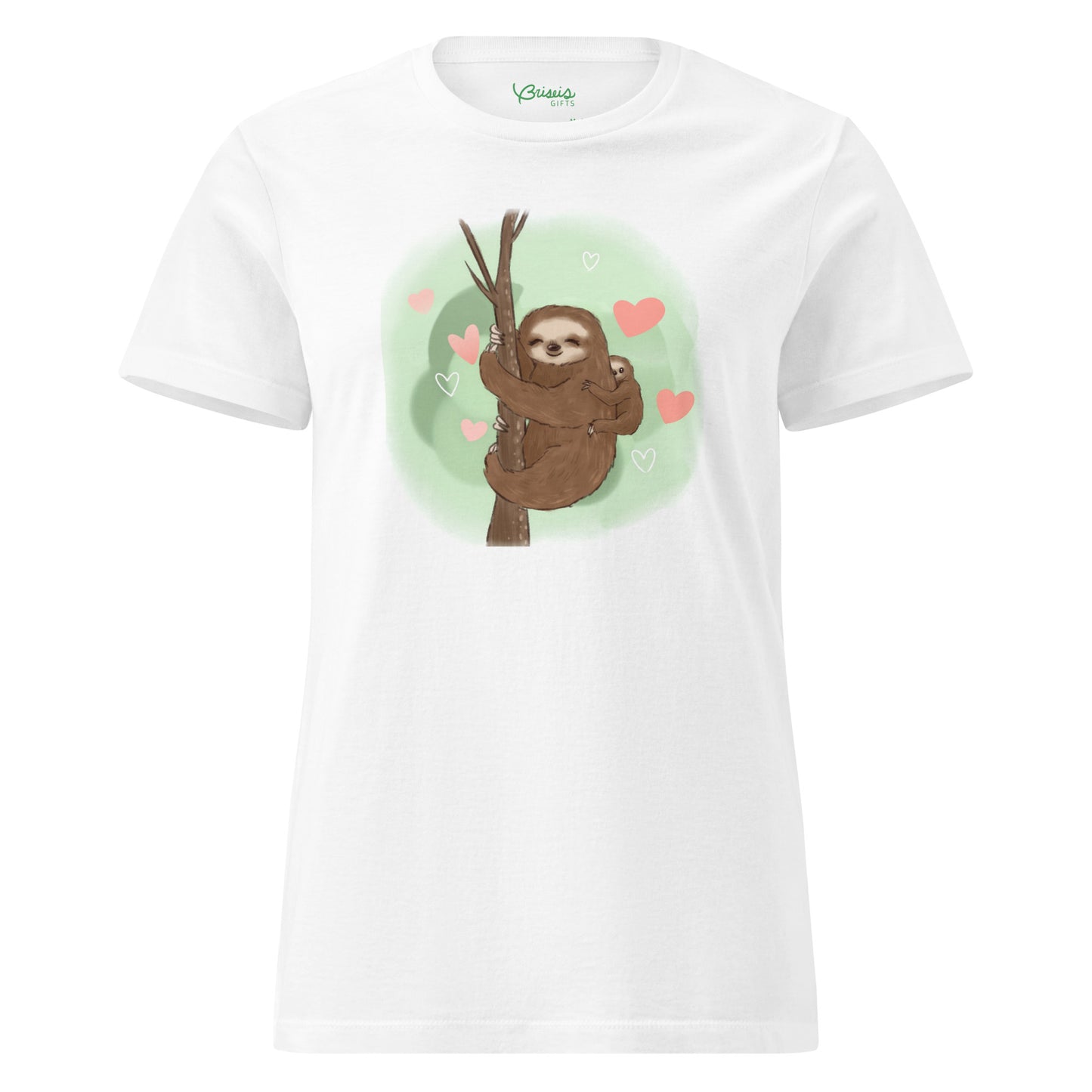 Sloth mama and baby hand-drawn art women's white t-shirt front view