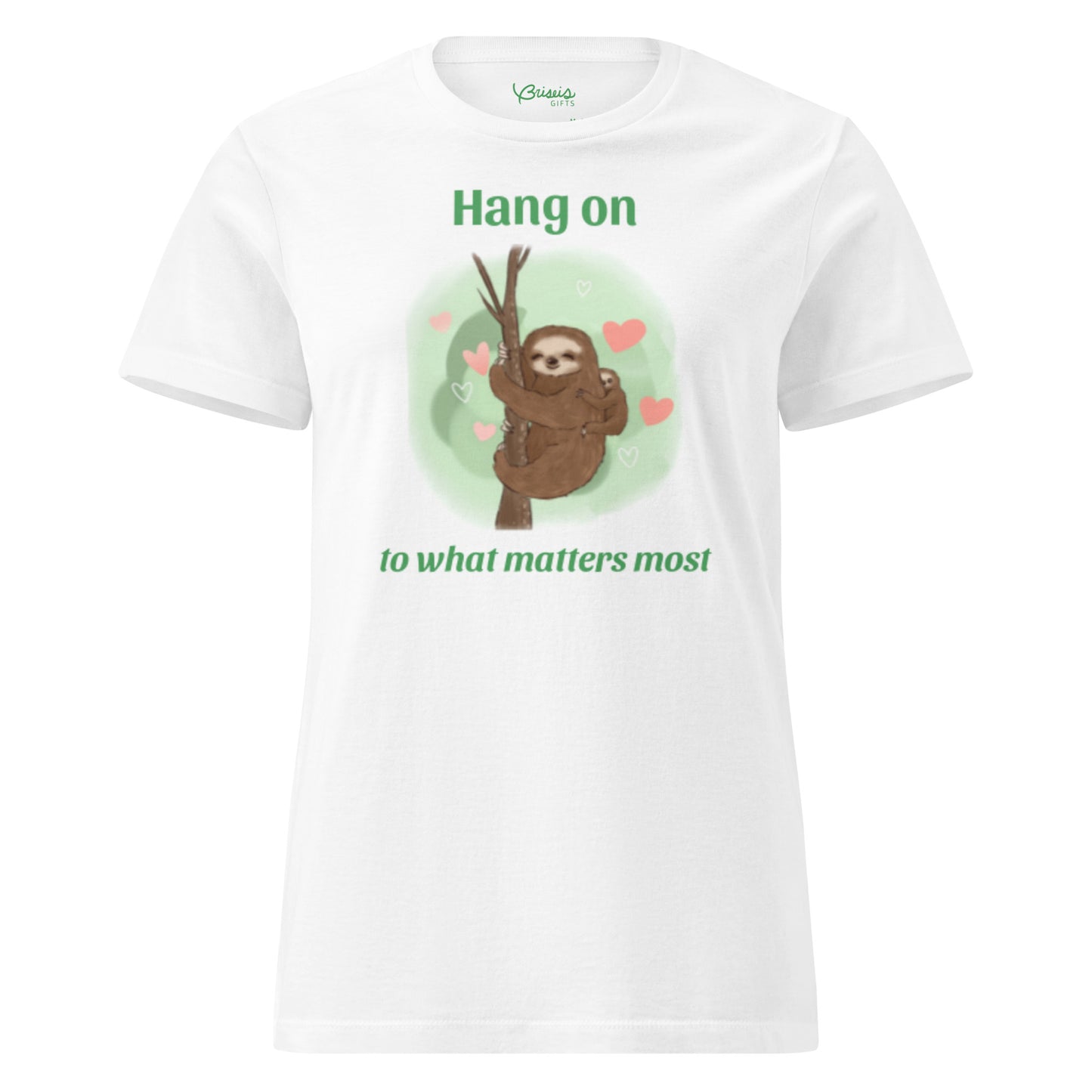 Sloth mama and baby hand-drawn art statement unisex white t-shirt front view