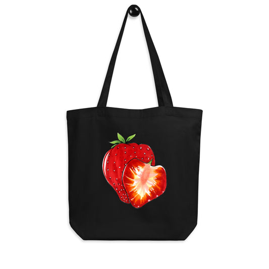 Strawberry design hand-drawn art black organic cotton eco tote bag hanging view, by Briseis Gifts