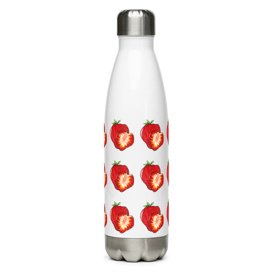 Strawberry slice design hand-drawn art white stainless steel water bottle side view, by Briseis Gifts