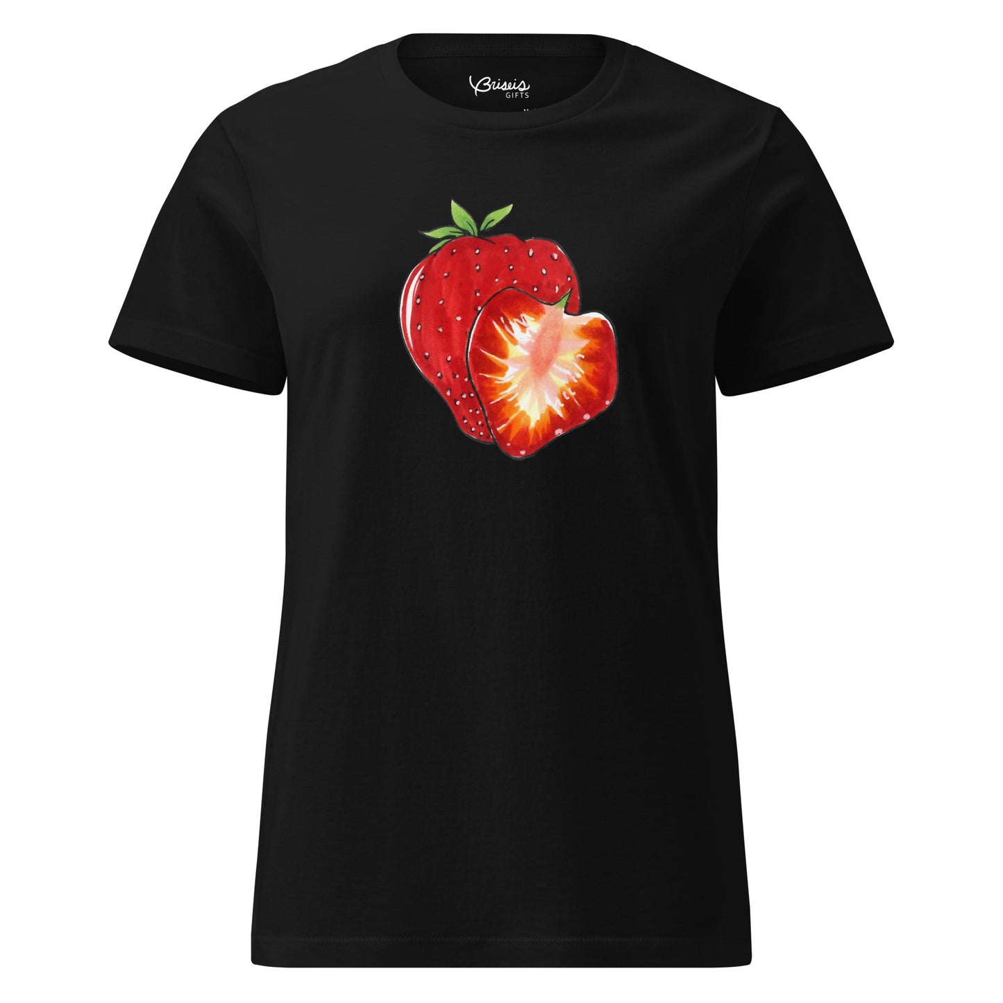 Strawberry slice hand-drawn art women's black t-shirt front view