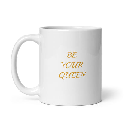 Anime be your queen hand-drawn art white ceramic mug, statement side, by Briseis Gifts