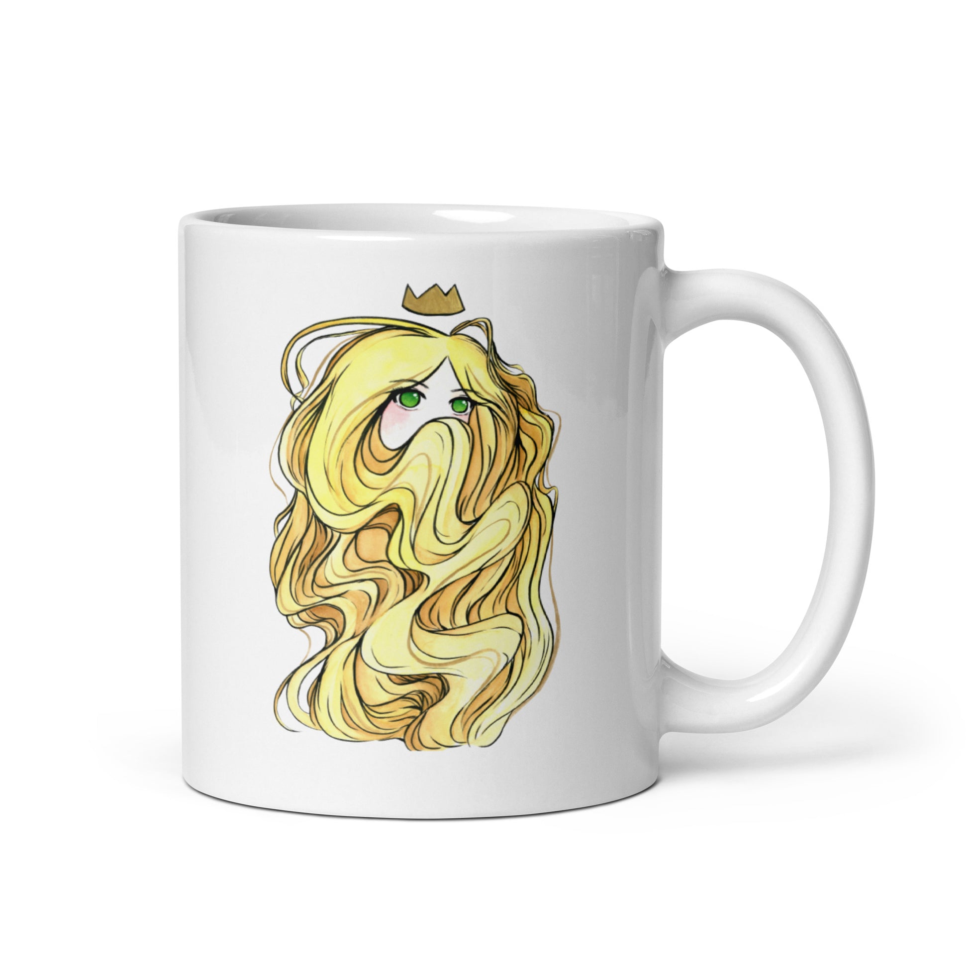 Anime queen hand-drawn art white ceramic mug, graphic side, by Briseis Gifts