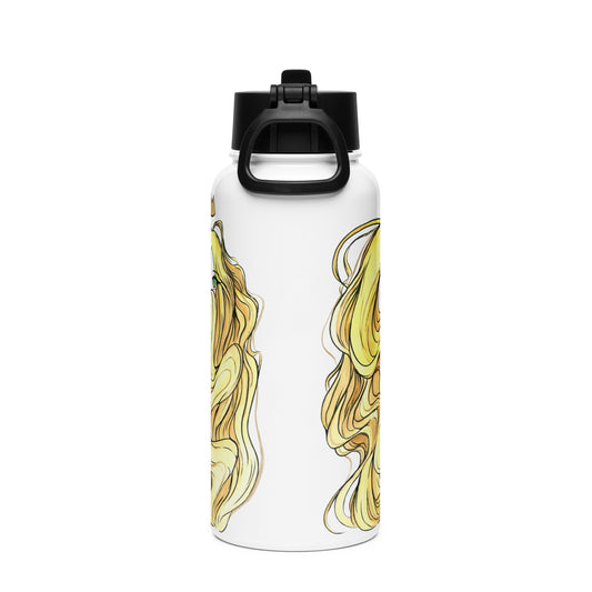 Anime queen design hand-drawn art stainless steel water bottle with straw, left, by Briseis Gifts