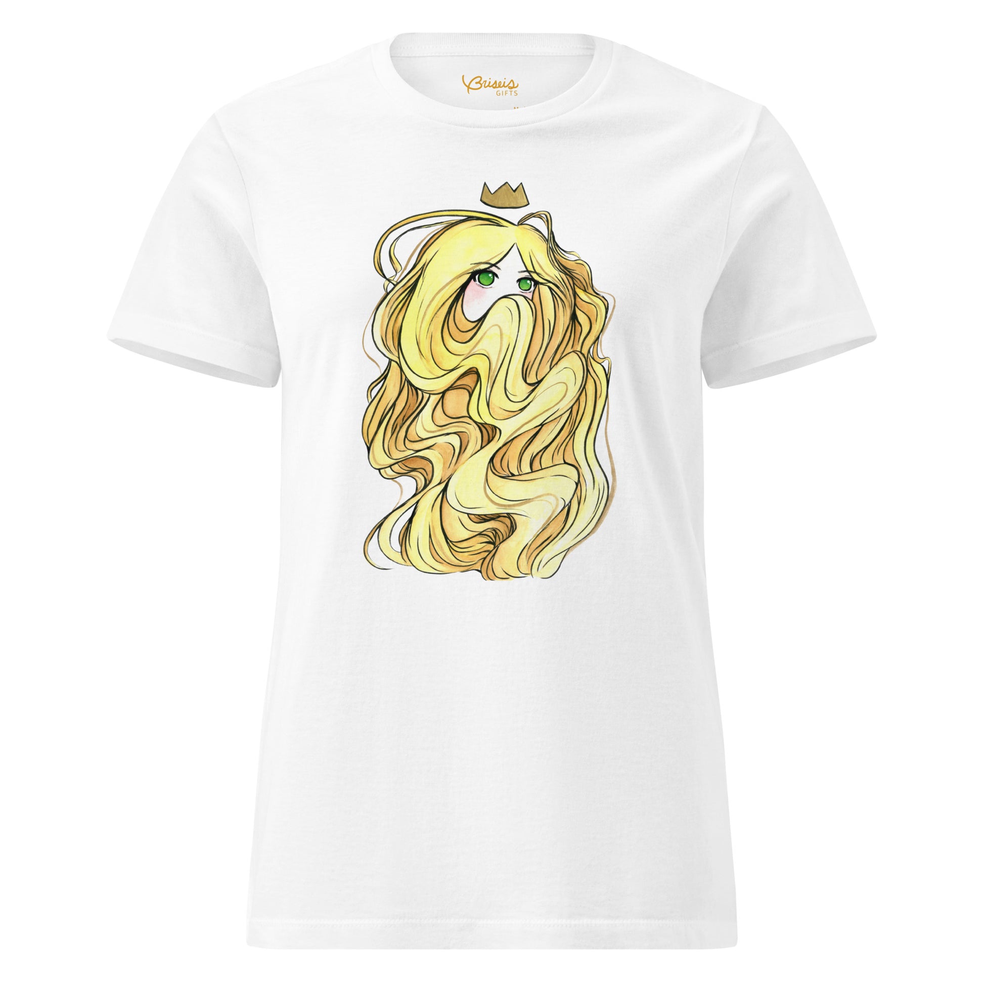 Anime queen hand-drawn art white women's t-shirt, front view, by Briseis Gifts