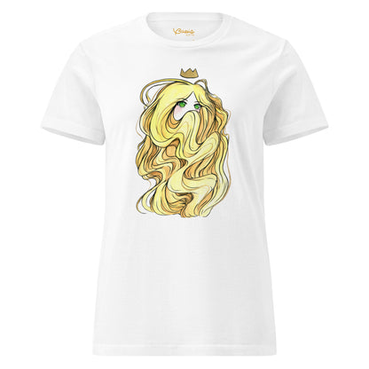 Anime queen hand-drawn art white women's t-shirt, front view, by Briseis Gifts