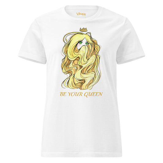 Anime queen hand-drawn art statement women's white t-shirt front view