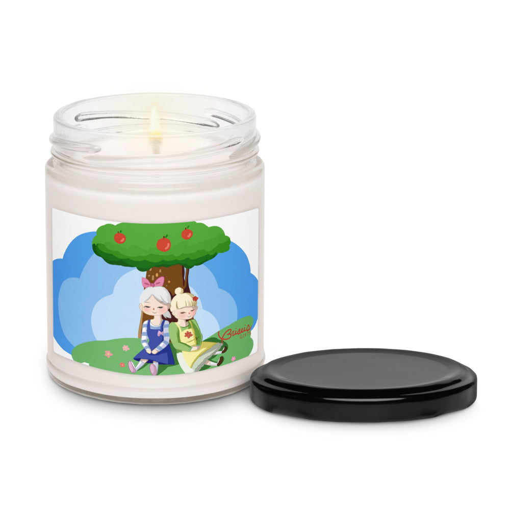Apple harvest soy jar candle with lid, hand-drawn art friends under an apple tree by Briseis Gifts