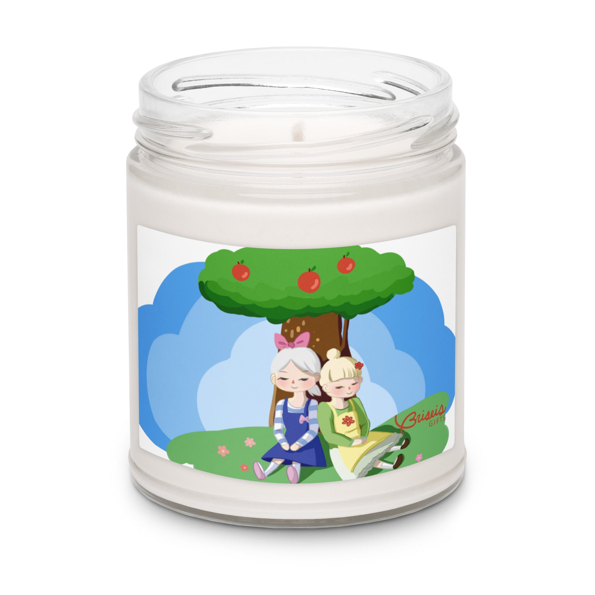 Apple harvest soy jar candle, hand-drawn art friends under an apple tree by Briseis Gifts