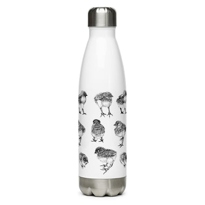Baby chicks hand-drawn art white stainless steel water bottle back view, by Briseis Gifts