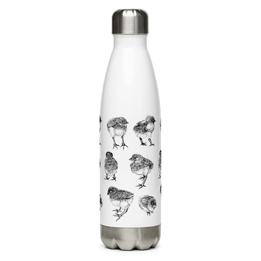 Baby chicks hand-drawn art white stainless steel water bottle side view, by Briseis Gifts