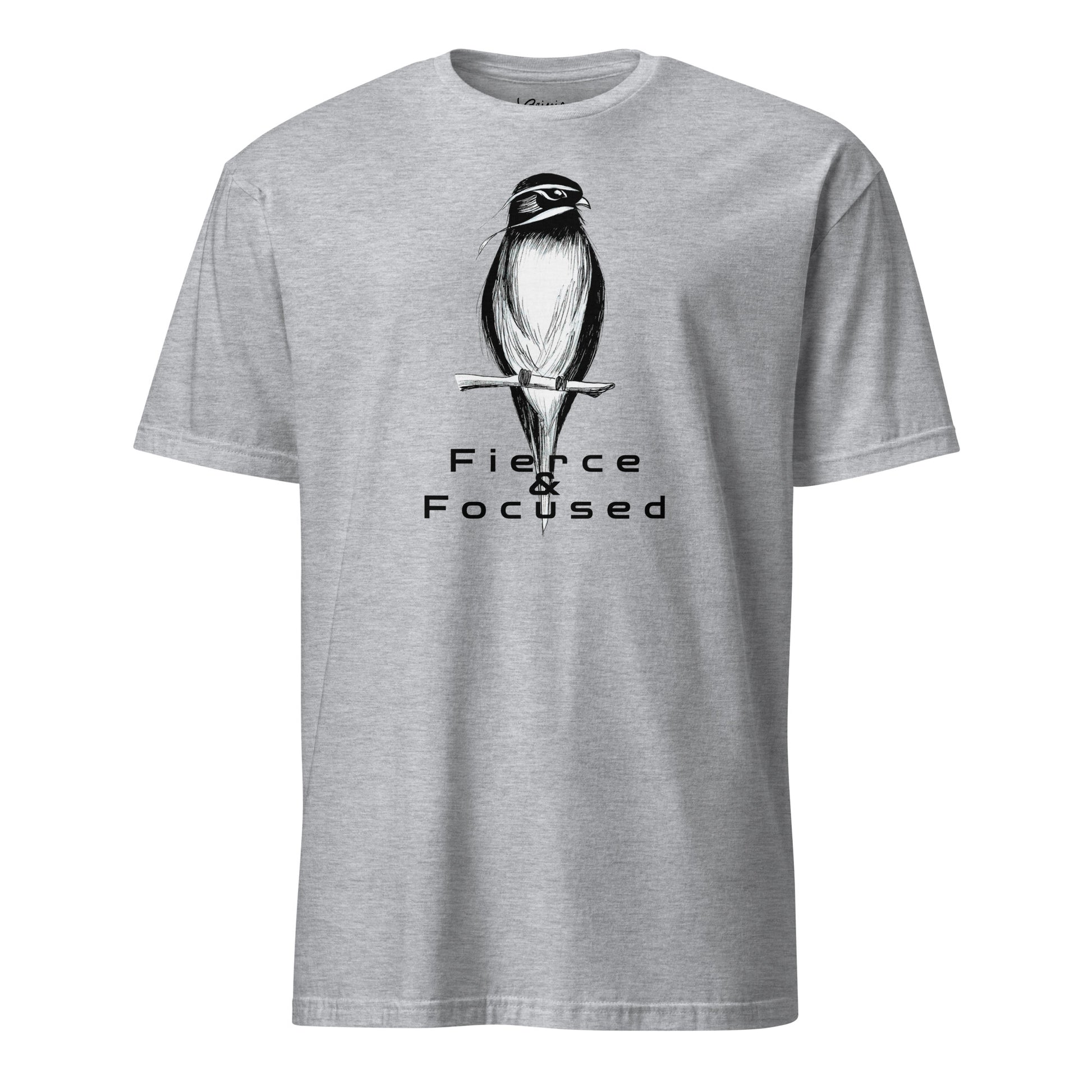 Black and white bird hand-drawn art grey unisex statement t-shirt, front view, by Briseis Gifts