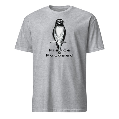 Black and white bird hand-drawn art grey unisex statement t-shirt, front view, by Briseis Gifts