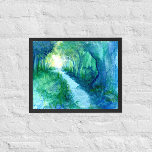 Blue forest framed wall art, hand-drawn by Briseis Gifts