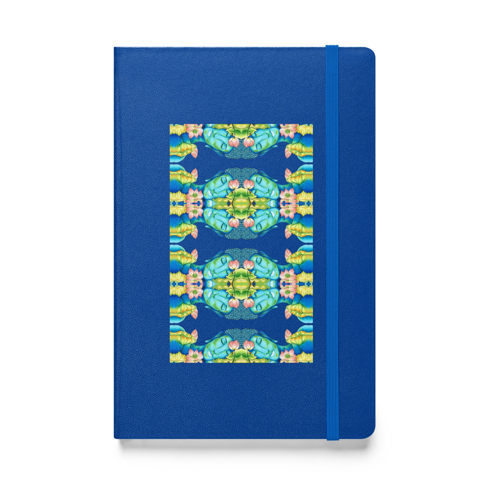 Buddha kaleidoscope design hand-drawn art  blue notebook journal front view, by Briseis Gifts