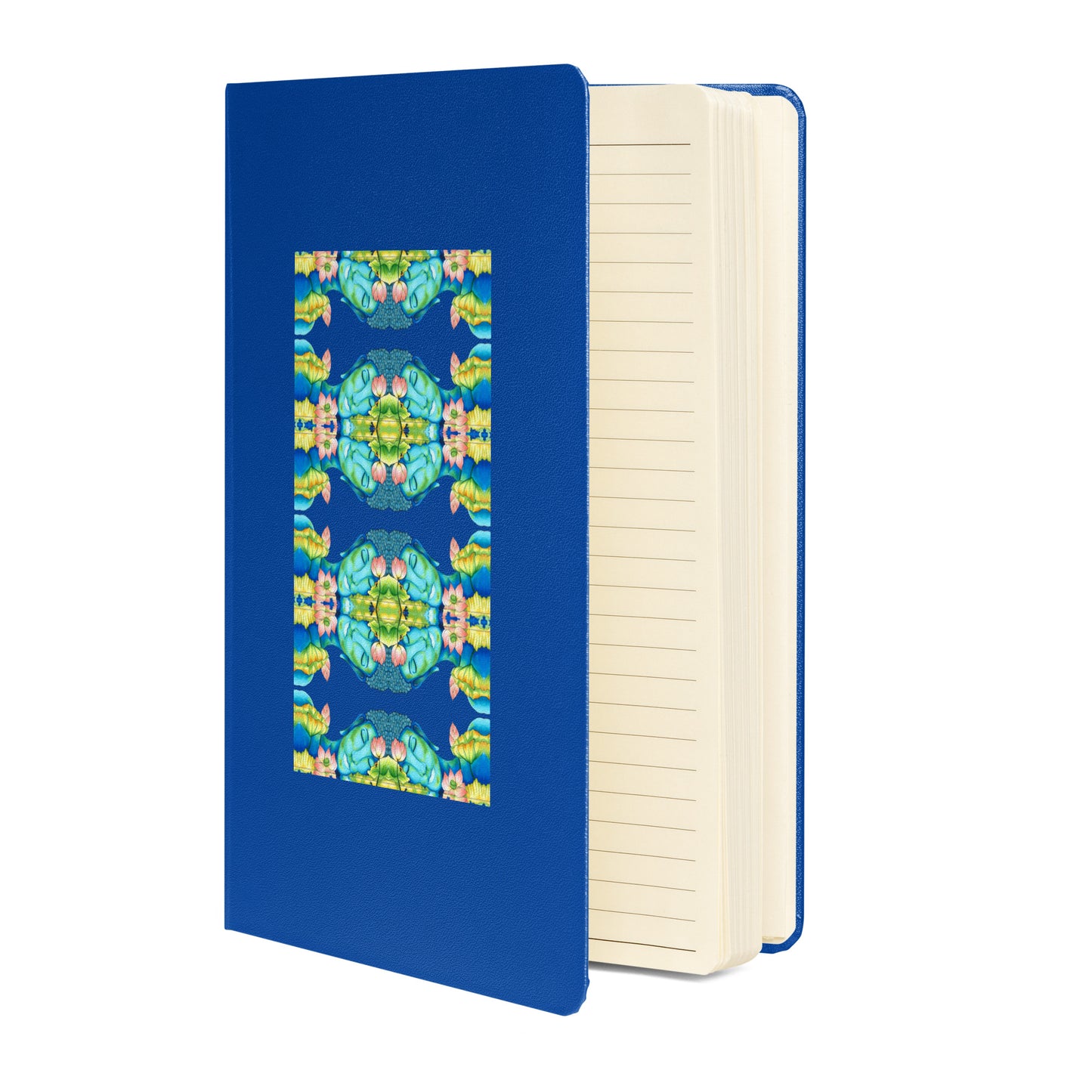 Buddha kaleidoscope design hand-drawn art  blue notebook journal open view, by Briseis Gifts
