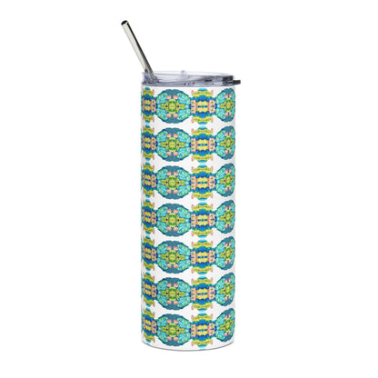 Buddha kaleidoscope design hand-drawn art stainless steel tumbler back view, by Briseis Gifts