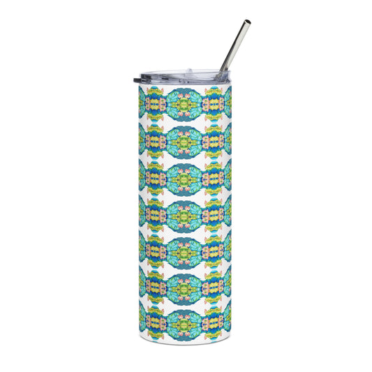 Buddha kaleidoscope design hand-drawn art stainless steel tumbler front view, by Briseis Gifts