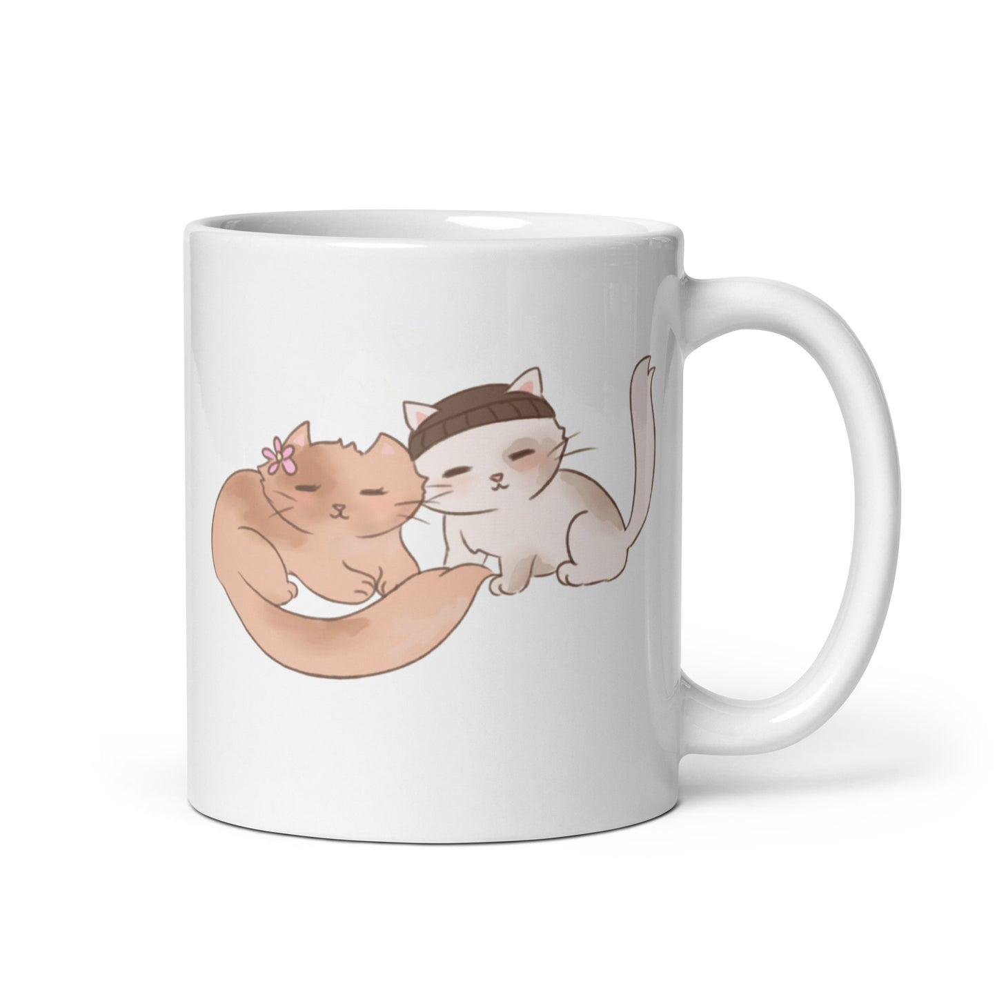 Snuggling cats white ceramic mug, hand-drawn art with Purrrfect Love statement, left side, by Briseis Gifts