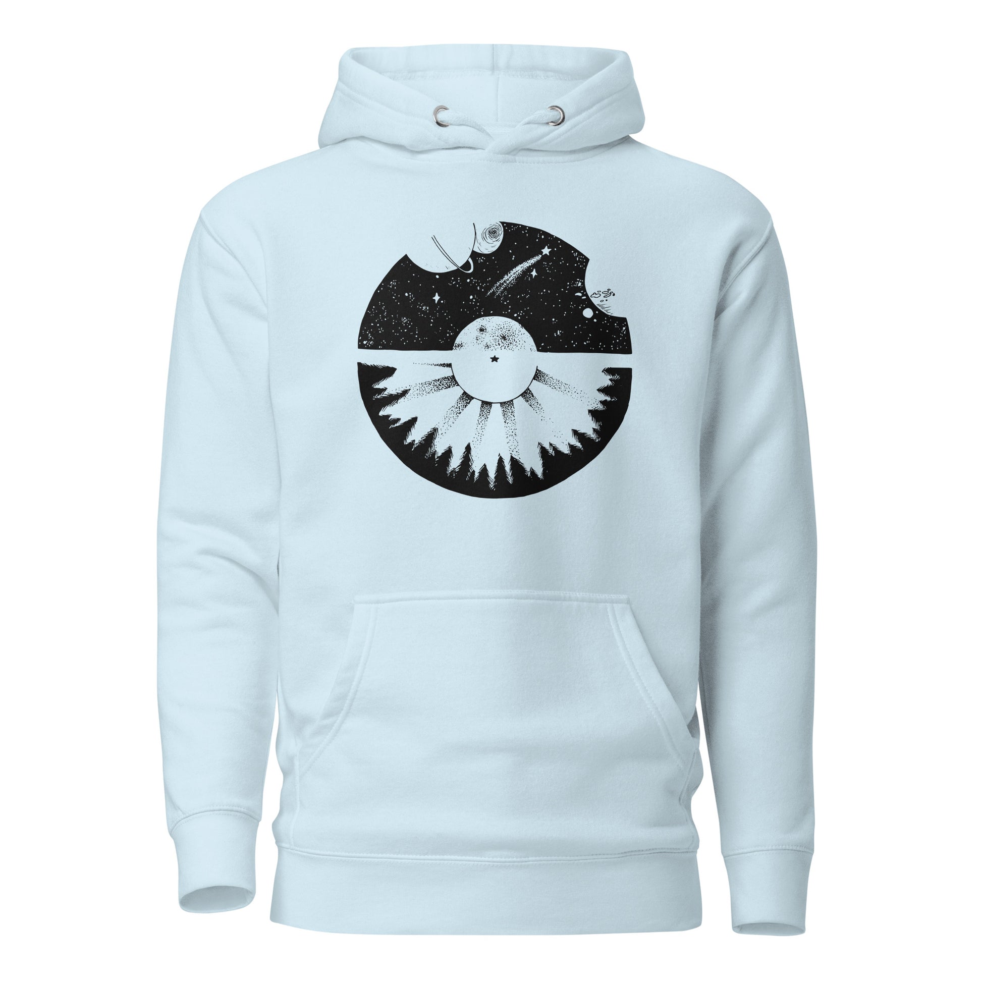 Celestial galaxy hand-drawn art blue hoodie front view