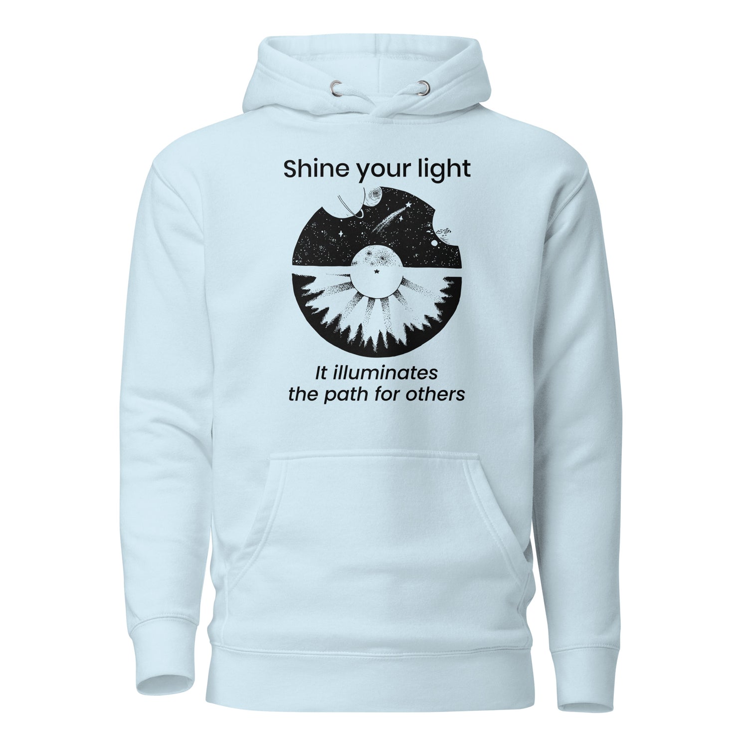 Celestial galaxy hand-drawn art statement blue hoodie front view