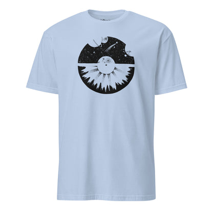 Celestial galaxy hand-drawn art unisex blue t-shirt front view