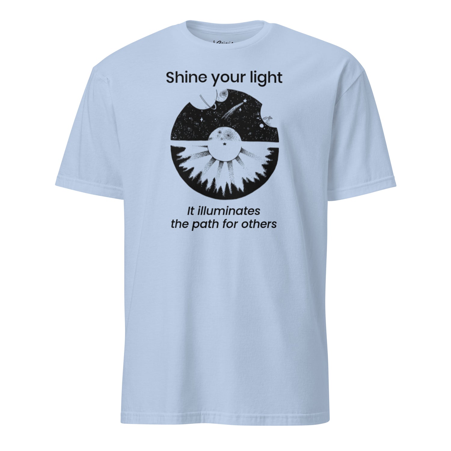 Celestial galaxy hand-drawn art blue statement unisex t-shirt, front view, by Briseis Gifts