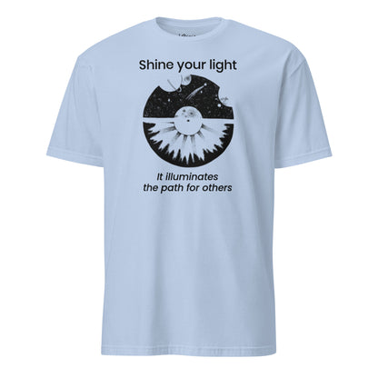 Celestial galaxy hand-drawn art statement unisex blue t-shirt front view