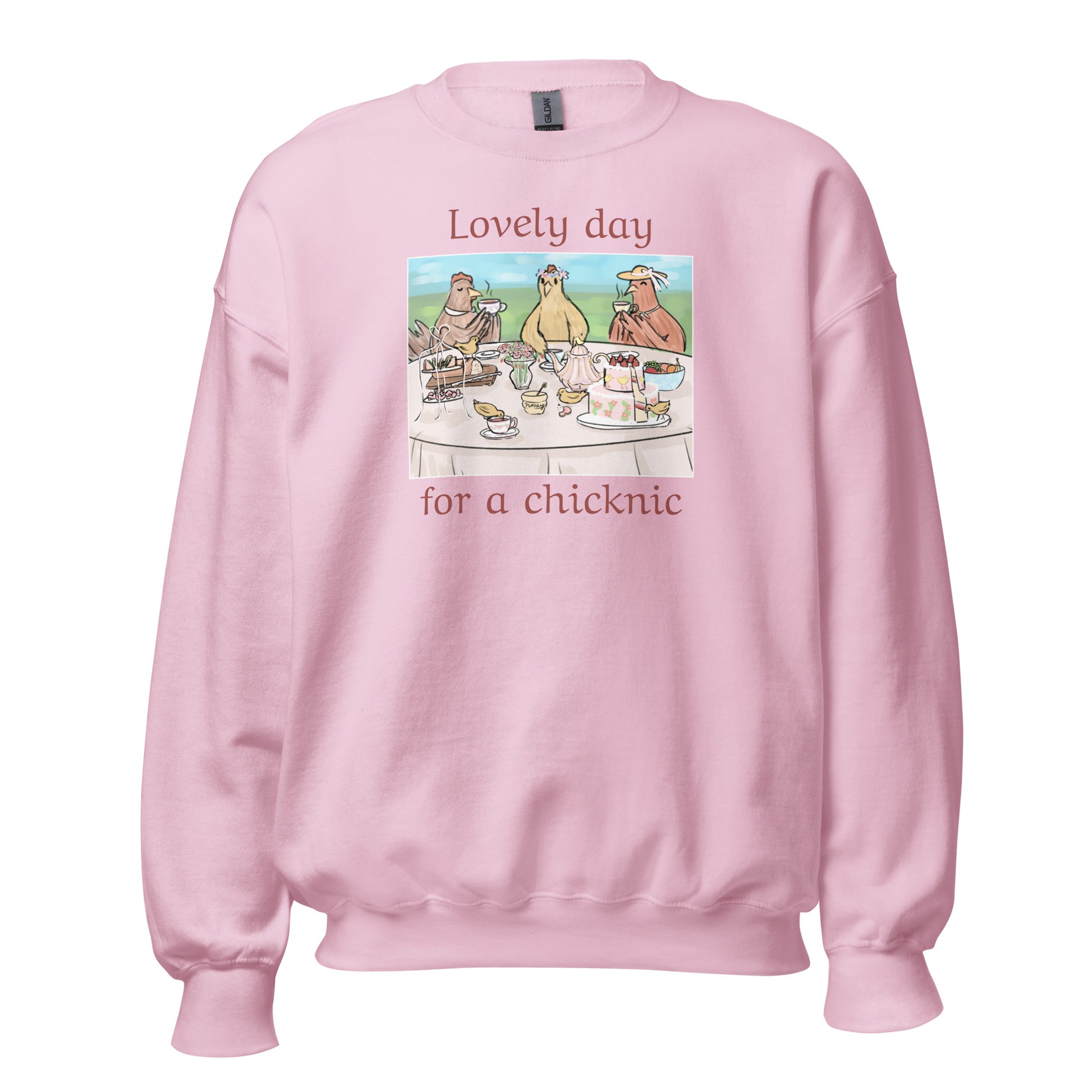 Chicken picnic hand-drawn art pink sweatshirt front view by Briseis Gifts