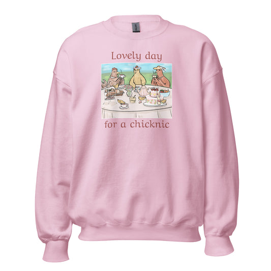 Chicken picnic hand-drawn art pink sweatshirt front view by Briseis Gifts