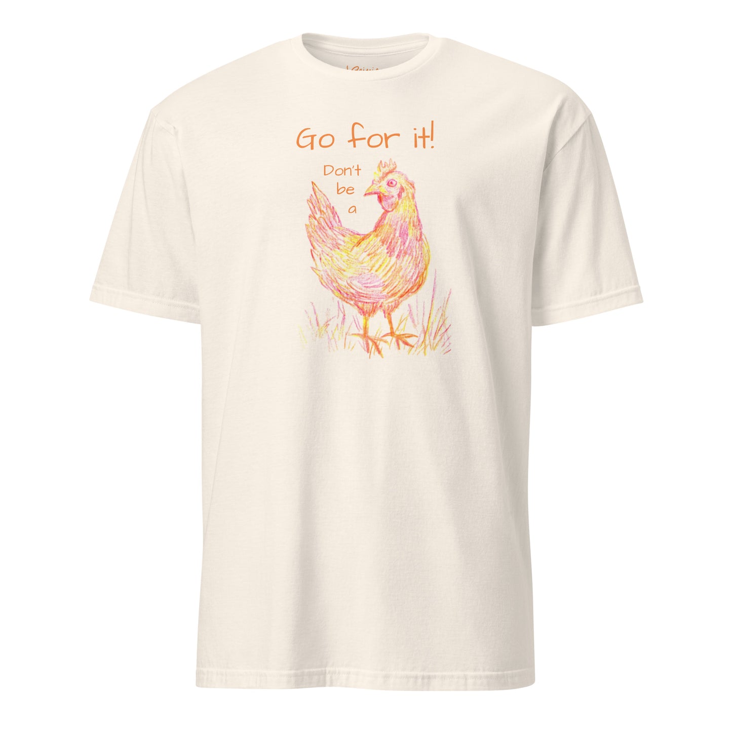 Vibrant chicken hand-drawn art natural unisex statement t-shirt, front view, by Briseis Gifts