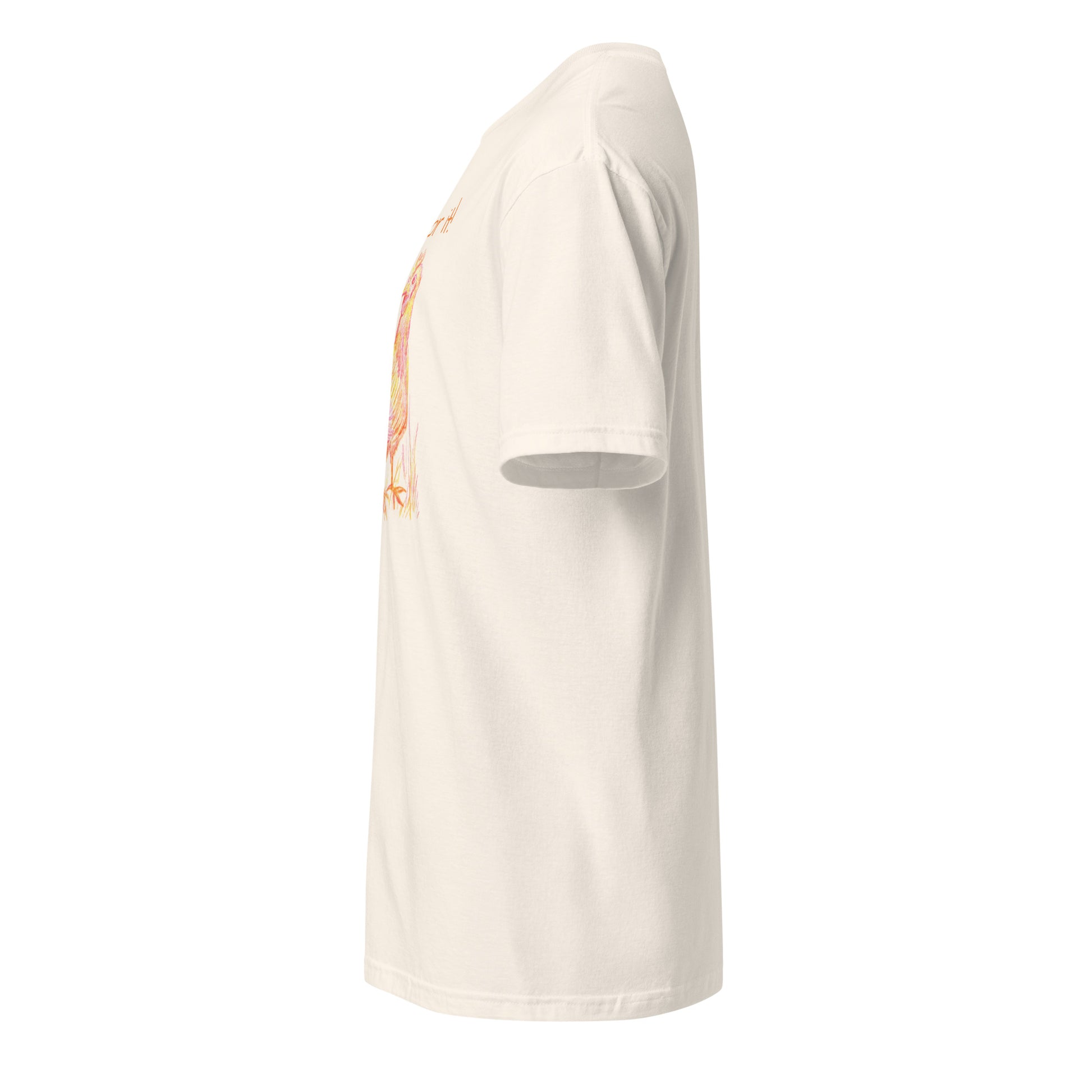 Vibrant chicken hand-drawn art natural unisex statement t-shirt, left view, by Briseis Gifts