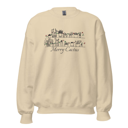 Christmas cactus hand-drawn art sand crew neck statement sweatshirt, front view, by Briseis Gifts