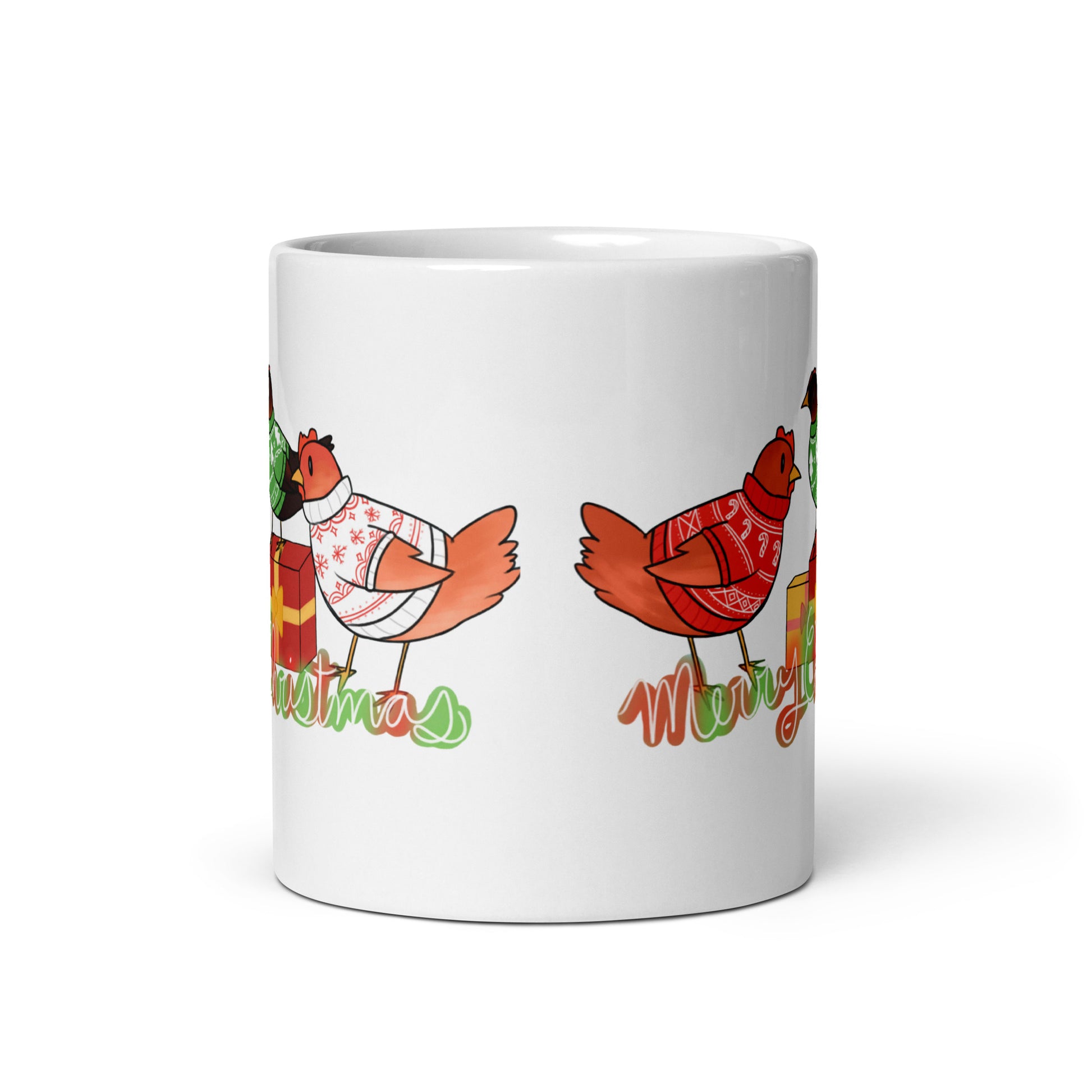 Christmas chickens design hand-drawn art white ceramic mug, front, by Briseis Gifts