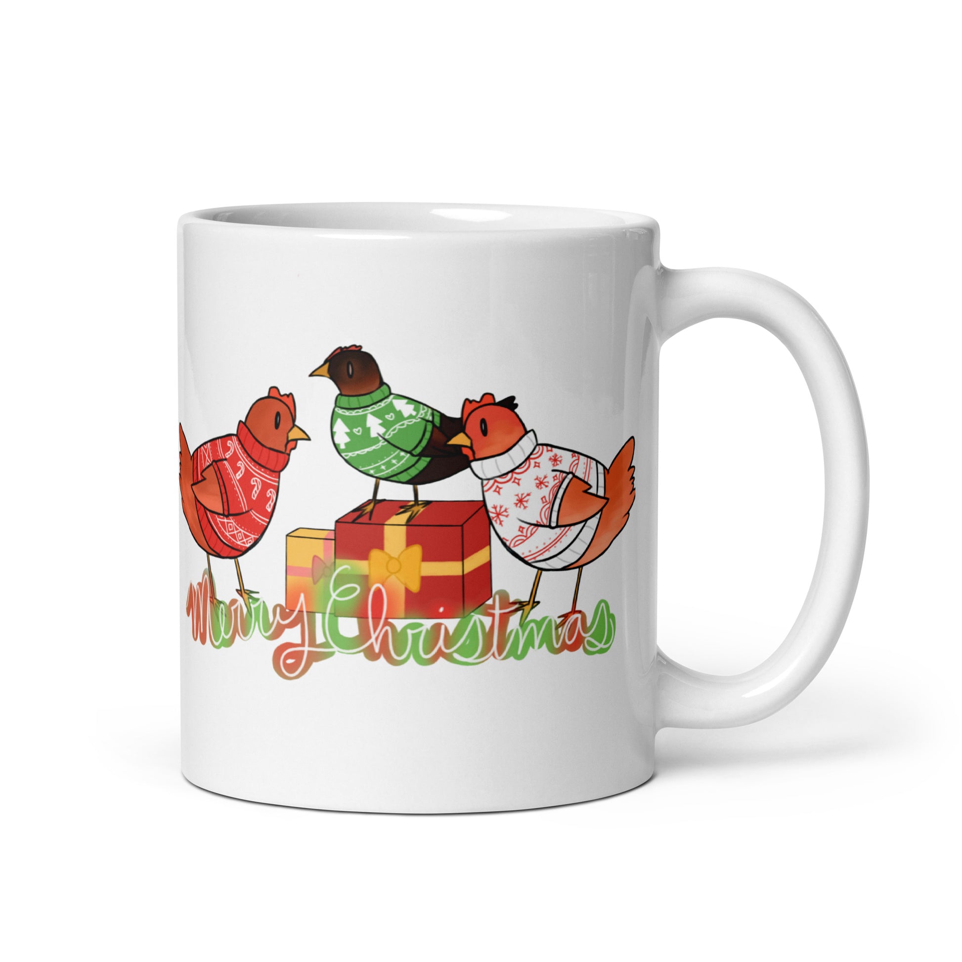 Christmas chickens design hand-drawn art white ceramic mug, left side, by Briseis Gifts