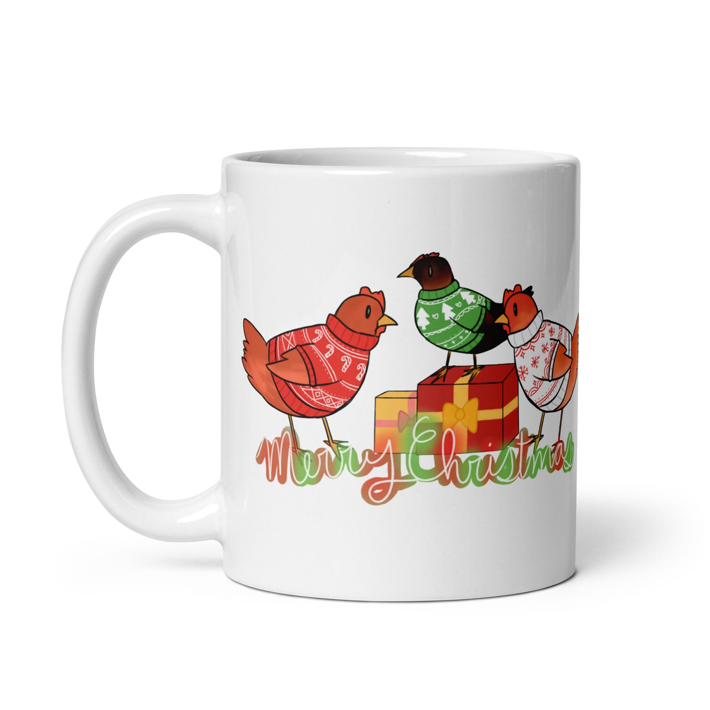 Christmas chickens design hand-drawn art white ceramic mug, right side, by Briseis Gifts