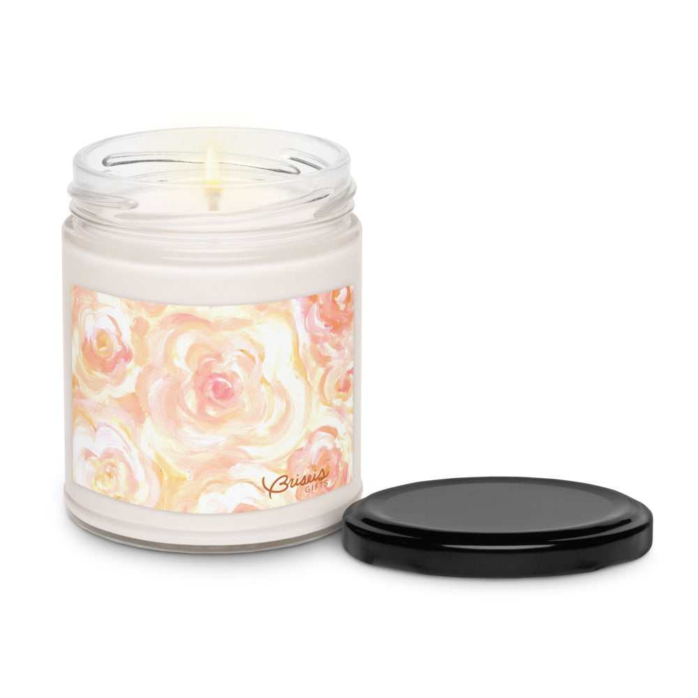 Cinnamon vanilla soy jar candle with lid, hand-drawn art orange floral design by Briseis Gifts