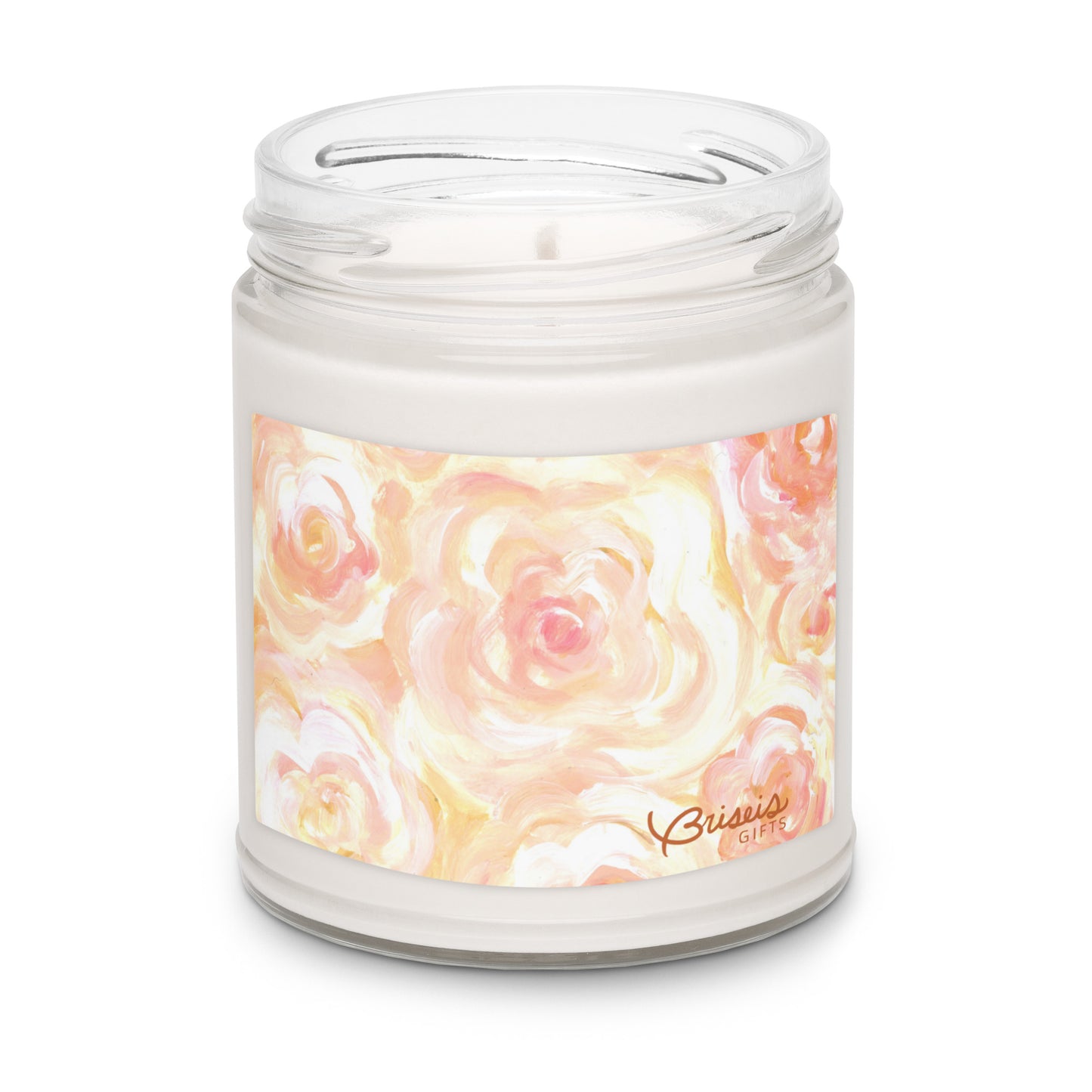 Cinnamon vanilla soy jar candle, hand-drawn art orange floral design by Briseis Gifts