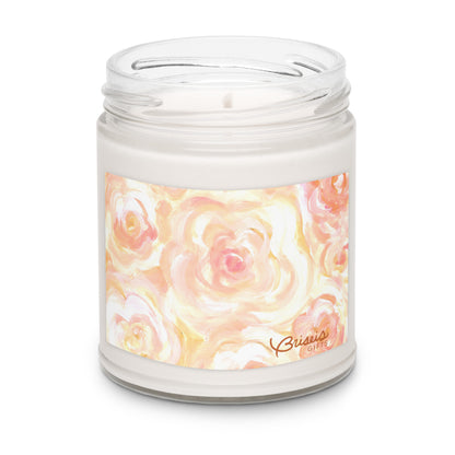 Cinnamon vanilla soy jar candle, hand-drawn art orange floral design by Briseis Gifts