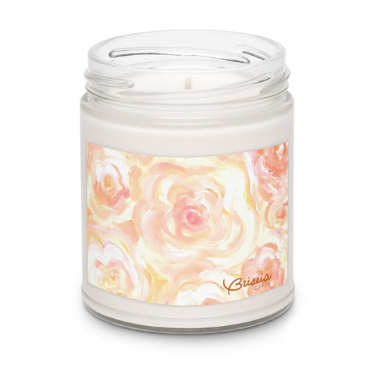 Cinnamon vanilla soy jar candle, hand-drawn art orange floral design by Briseis Gifts